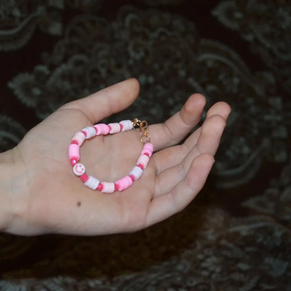 Handmade Clay Beads Elastic Kids Jewelry White Pink Smile Image 2.5 length/half